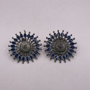 Vintage Ethnic Blue Silver-Tone Sunflower Burst Earrings